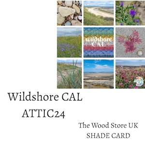 May include: A collection of nine images featuring coastal scenes, including a beach, flowers, and a close-up of stones. The text "Wildshore CAL" and "ATTIC24" are displayed, along with "The Wood Store UK SHADE CARD".