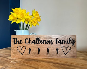 Personalised Key Hook | Home Sweet Home | Engraved Carved Wood | hearts