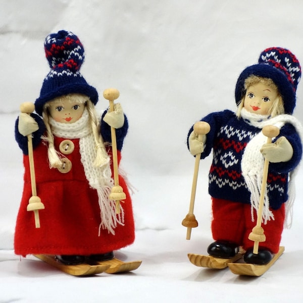 Vintage Swedish Christmas Dolls, Skiing Nisse Ornaments, 1970s Nordic Decor