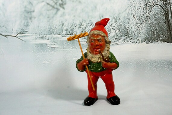 1950s German Terracotta Gnome Figurine With Rake Vintage Etsy