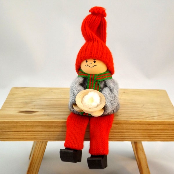 Christmas Gnome w Bowl, Swedish Handicraft, Sitting Nisse Santa,  Handmade by Ljungströms of Sweden, Textile & Wood, 80s Xmas Scandinavian