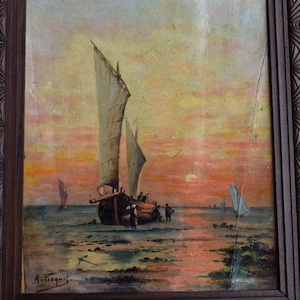 Impressionist Oil Painting Seascape Dated 1915 Signed A.Fisquet, Sable D&#39;Olonne Sunset Sundown Beach Sailboat Boat, Original Art