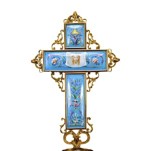 RARE Blue Enameled Ormolu Bronze Wall Holy Water Font, Veronica Veil Shroud Wall Crucifix, Holy Face of Jesus Art