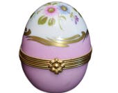 French Vintage Hand Painted Limoges Porcelain Egg Pill Box - Brass Hinged Box - Small Egg Shape Trinket Box - Pink Porcelain Box