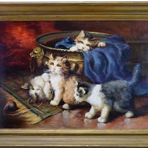 Kitten Oil Painting on Wood Panel After Leon Huber Original Art Vintage Frame