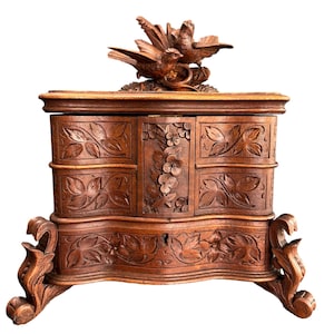 Antique Black Forest Jewelry Box Cabinet, Carved Wood Birds Nest Casket, Gift For Her