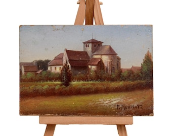 Pintura al óleo en miniatura sobre tabla de madera firmada por P. Mourlot