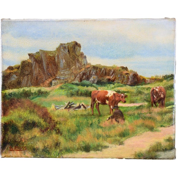 Peinture à l'huile vintage sur toile vaches montagne école française