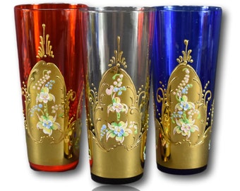 Set of Three Italian Vintage Murano Glass Orangeade Goblet Enamel Flower & 24K Gold
