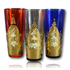 Set of Three Italian Vintage Murano Glass Orangeade Goblet Enamel Flower & 24K Gold