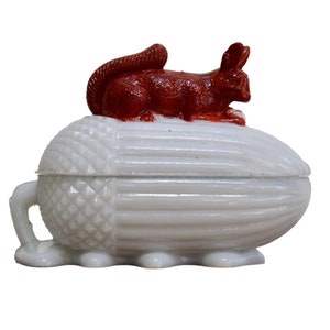 Vallerysthal Milk Glass Opaline Squirrel Lidded Box Acorn Autumn Sugar Bowl
