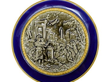 Venus and Aeneas Neoclassical Bas-relief, Cobalt Blue Wall Plate by Choisy le Roi Large Wall Medallion of Mythology