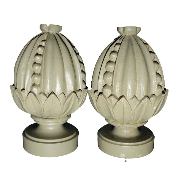 Gustavian Pair of Painted Wood Pineapple Finials, Bed Finials, Salvage Wood, Curtain Rod Finials