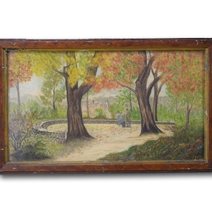 Antique French Autumn Park Watercolor Signed, Country Gardens Painting Dated 1913 with Wood Frame, Shabby French Home Decor