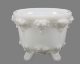 Vintage French White Milk Opaline Glass Bowl Small Cache Pot Jardiniere with Wine Bunch of Grapes