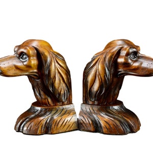 Dog Wood Bookends, Vintage Art Deco Wood Carved Pointer Dog Book Ends, Gift for Office, Gift for Him