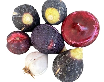 Italian Antique Marble of Carrara Fruits and Vegetables, Hand Painted Carved Fig Garlic Red Onion Plum