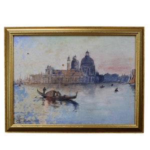 Italian Antique Watercolor on Paper of Venice Signed, View from Dorsoduro of Santa Maria Basilica, Gondola Painting, Romantic Gift