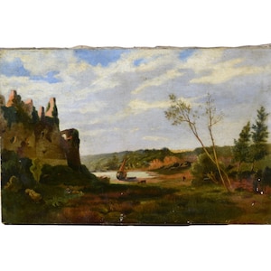 Vintage Oil Painting On Canvas Boat Pastoral Landscape French School