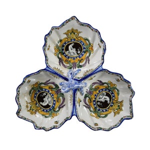 Vintage Appetizer Serving Dish, White Renaissance Gien Hand Painted Pottery Bowl, Handled Centerpiece