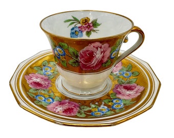 Gold and Pink Floral Antique Porcelain China Demitasse Cups and Saucers by Bernardaud Limoges, Gift For Her