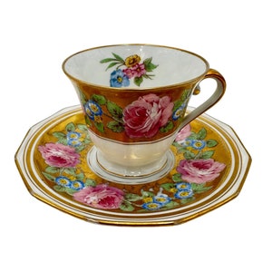 Gold and Pink Floral Antique Porcelain China Demitasse Cups and Saucers by Bernardaud Limoges, Gift For Her