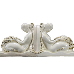 Art Deco Pair of Mermaid Bookends by LEJAN Orchies White Ceramic