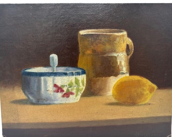 Still Life Oil Painting 1950's Tureen Lemon Yellow Glazed Pot