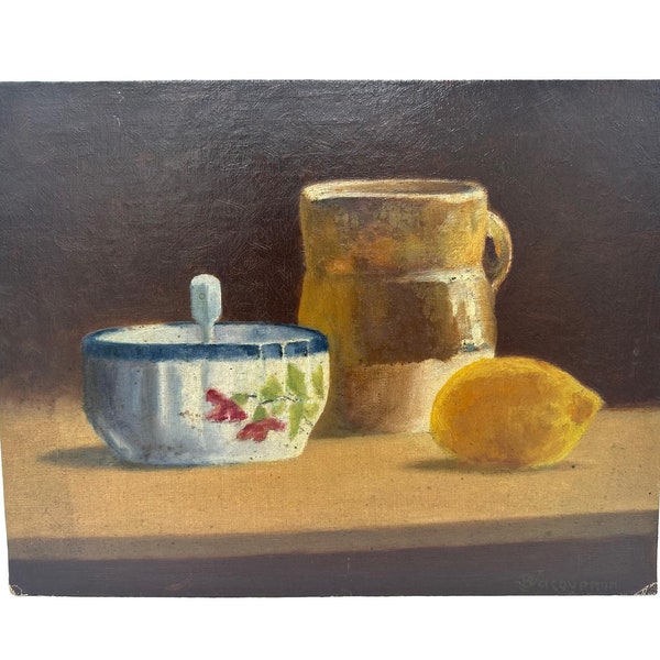 Nature morte peinture à l'huile des années 1950 soupière pot émaillé jaune citron