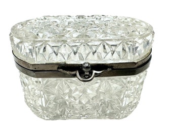 Antique French Cut Crystal Jewelry Box, Hand Cut Glass Casket with Silver Bronze Mount, Heirloom