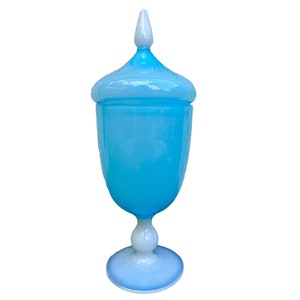 Vintage Italian Blue White Opaline Drageoir Candy Jar on Foot by Murano Apothecary Jars by Vincenzo Nason & Cie