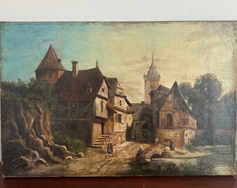 Peinture à l'huile sur toile ancienne, Ecole française du 19ème, oeuvre d'art originale signée J.Galland, tableau de village