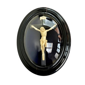 16&quot; Jesus Christ Cross Under Glass Wall Frame, Victorian Religious Carved Crucifix, Reliquary,