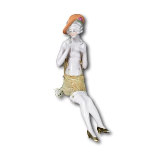 German Vintage Porcelain Half Doll with Legs, Half Doll Pin Holder Cushion, Boudoir Figurine, Miniature Doll with Orange Hat