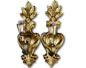 Vintage Italian Gilt Wood Pair of Wall Sconces