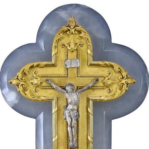 GORGEOUS Antique French Holy Water Font, Gilded Bronze Crucifix, Wall Holy Font, Ormolu Bronze Quartz Crystal Holy Stoup