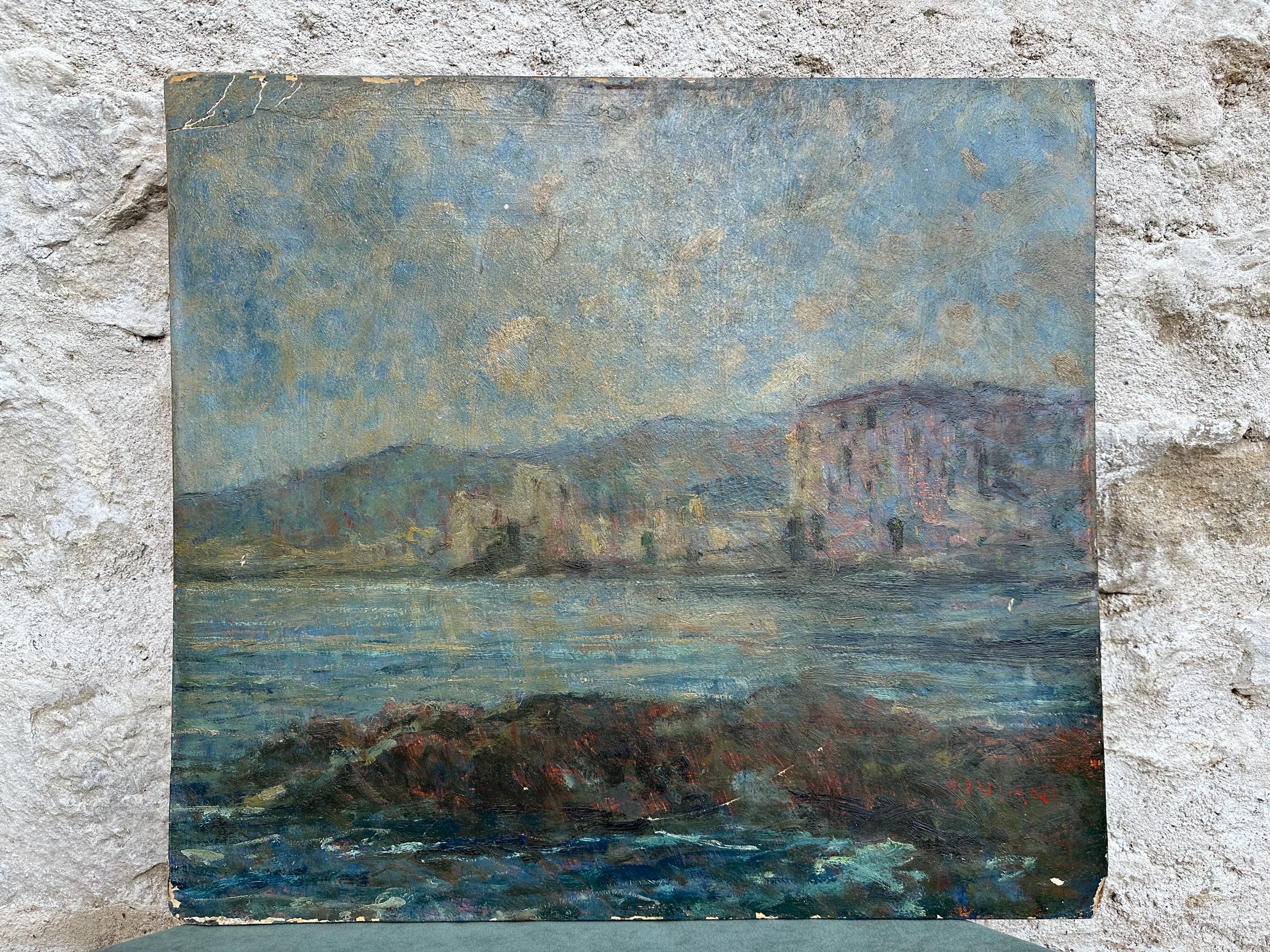 Italienisches Ölgemälde Landschaft signiert Viviani, Original Kunst, Blau Wandkunst, Küstendekor