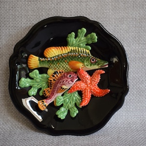Vintage Majolica Fish Plate, Sea Life Palissy Trompe L'Oeil Wall Plate