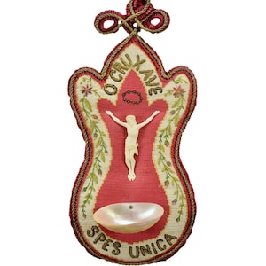 Folk Art Needlepoint Holy Water Font for wall Carved Jesus Crucifix