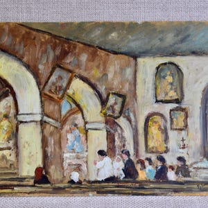 Pintura al óleo impresionista sobre tabla firmada, pintura original francesa vintage de interior de iglesia.