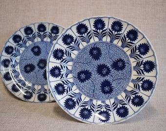 Może przedstawiać: Dwa biało-niebieskie ceramiczne talerze. Talerze mają kwiatowy wzór z ciemnoniebieskimi kwiatami i szczegółowym wzorem pośrodku. Obręcze mają falisty brzeg. Talerze są ustawione na neutralnym tle.