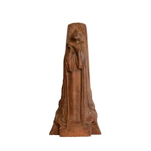 Art-Deco-Heilige Jeanne d&#39;Arne, die auf dem Scheiterhaufen brennt Statue von Real Del Sarte, katholische Terrakotta-Skulptur