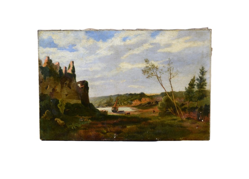 May include: A painting depicting a landscape with a ruined castle on a cliff overlooking a river. The sky is blue with white clouds. There are trees and bushes in the foreground and a small boat on the river.