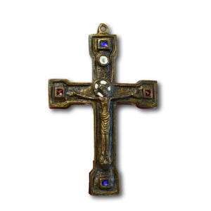 Medieval Style Bronze Enameled Wall Crucifix by Piechaud, Catholic Gift Confirmation Cross