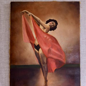 Portrait Painting of a Cabaret Dancer, Vintage Oil Painting on Canvas of a Dancing Woman