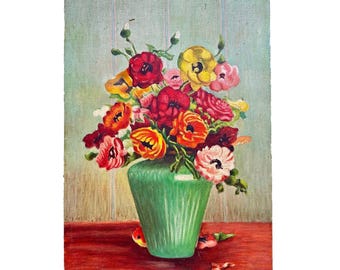 1949 Floral Still Life Oil Painting on Canvas, Mid-Century Bunch of Flowers Wall Art Signed Original Art