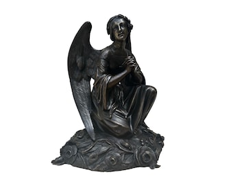 Estatua de ángel de bronce, arcángel, escultura religiosa francesa antigua del siglo XIX