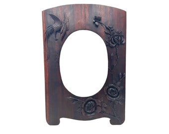 GROSSER handgeschnitzter Holz-Fotorahmen, asiatische Indochine-Kunstskulptur, 20,3 cm Foto, Vogelrosen-Schnitzerei, Geschenk für sie, Zeichnungsrahmen