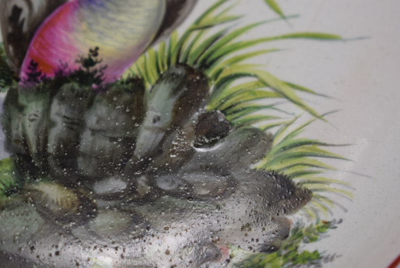 May include: Close-up of a ceramic plate featuring a painted design of a mushroom with a pink and yellow cap, green grass, and grey rocks. The plate has a textured surface with small white dots.