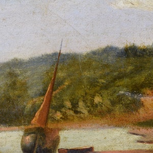 May include: A painting of a landscape with a boat on a lake. The boat has a brown sail and is partially submerged in the water. There is a brown cow in the foreground of the painting.